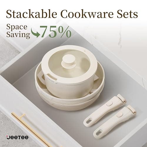 JEETEE Pots and Pans Set Non Stick 17pcs, Kitchen Cookware Sets with Detachable Handle, Induction Nonstick Cookware Set with Removable Handle, Stackable RV Cookware, Oven Safe, PFAS/PFOA Free, Beige thumbnail 6