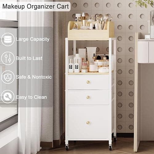 Makeup Organizer Cart with Drawers, Make up Organizers for Vanity, Floor Skincare Organizers- for Cosmetics, Nail Polish, Art Supply, Bathroom Vanity Desktop Organizer (White) thumbnail 6