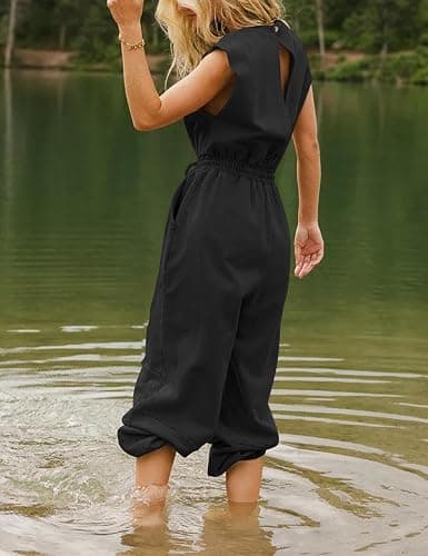 Flygo Womens Casual Jumpsuit Crewneck Cap Sleeve Long Wide Leg Pants One Piece Outfits Drawstring Romper with Pockets thumbnail 4
