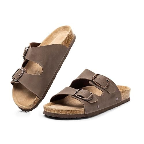 FITORY Womens Flat Sandals with Cork Footbed, Open Toe Slides Adjustable Slip On Slippers for Summer Size 6-11 thumbnail 2