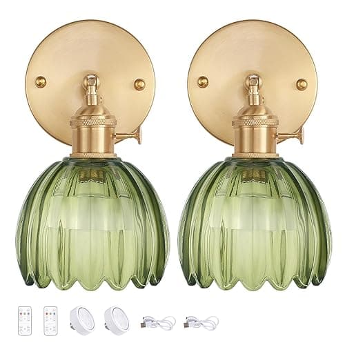 Shenmoyl Vintage Battery Operated Wall Sconce with Green Tulip Glass Lampshade Rechargeable Battery Powered Wall Light with Remote Control for Bedside Bedroom Doorway, Set of 2 - Tulip Green - Battery Operated 2 pack