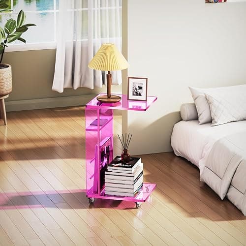 Clear Acrylic Side Table on Lockable Wheels, C Shaped End Table for Sofa, Small Coffee Tables for Small Spaces (Pink) thumbnail 6