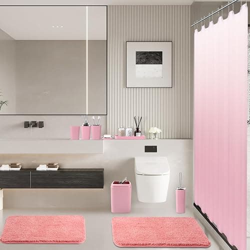 XLHOMO Bathroom Accessory Set–Bathroom Sets with Shower Curtain and Rugs, Non Slip Bathroom Rugs Super Absorbent, Pink Ombre Waterproof Shower Curtain with Hooks, Pink Bathroom Sets Complete for Home thumbnail 2