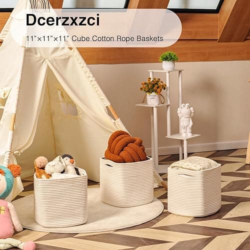 Dcerzxzci 11 Inch Cube Storage Bins, 11x11 Cube Storage Bins for Cube Organizer, Square Cloth Storage Cubes, Woven Storage Baskets for Shelves, Toy Rope Baskets Storage Kids, Off White (Pack of 3) - Off White - 11"×11"×11" thumbnail 6