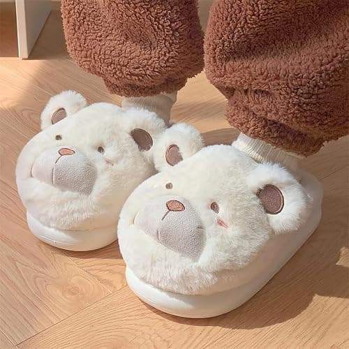 conrtems Winter home warm Baotou cotton slippers girl heart cute plush bear soft bottom slippers. thumbnail 4