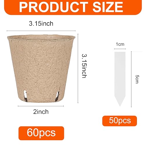 JNYONG 60 Packs 3.15 Inch Peat Pots,Biodegradable Pots for Seedlings with Drainage Holes, Garden Germination Nursery Pots with 50Pcs Plant Labels thumbnail 3