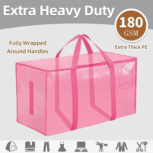 8 Pack-Extra Large Heavy Duty Moving Bags - Waterproof Storage Totes with Handles & Zippers, Foldable for College Dorm, Storage (Pink) thumbnail 2