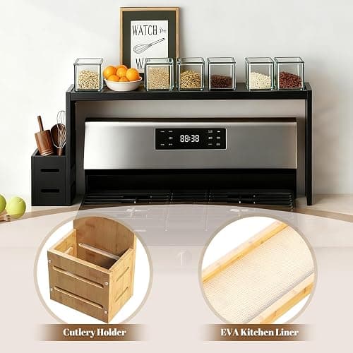 BESLCEID 31-inch bamboo stove rack for above the hob, kitchen bamboo spice rack, supports up to 50 pounds. Bamboo stove rack for storing spices and kitchen utensils. (Black) thumbnail 5