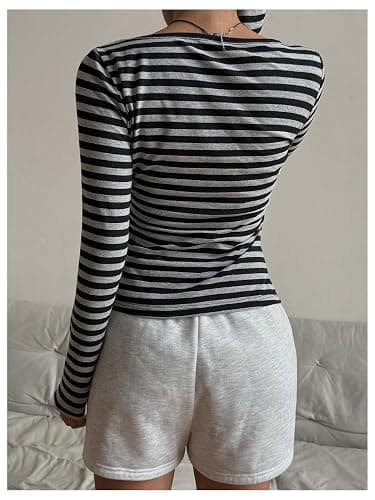 GORGLITTER Women's Striped Henley Shirts Scoop Neck Button Front Long Sleeve Tee Fitted Tops thumbnail 2