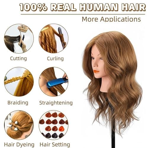 Mannequin Head with 100% Human Hair, MYSWEETY Doll Head for Hair Styling, Manikin Head Cosmetology Makeup Hairdressing Training Head with Clamp Holder and Tools(18" Brown, Makeup) thumbnail 2