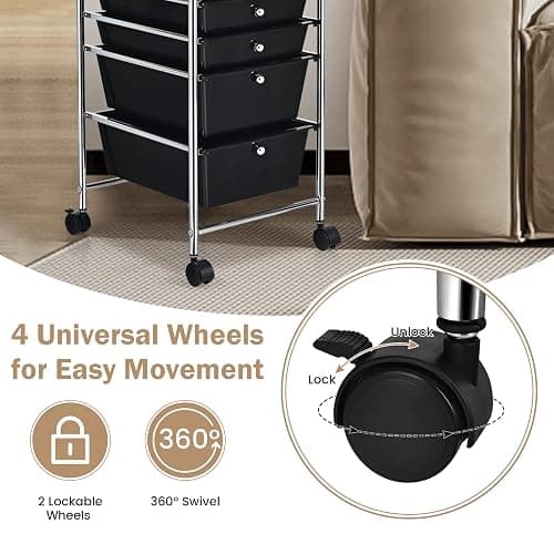 COSTWAY 6-Drawer Rolling Storage Cart, Multifunctional Art Craft Tools Organizer on Wheels, Heavy Duty Utility Mobile Storage Trolley w/ 2 Lockable Wheels for Home Office School (Black) thumbnail 5