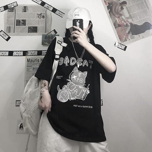 Women's Goth T-Shirt Summer Graphic Harajuku Gothic Creepy Cat Print Novelty Short Sleeve Top thumbnail 2