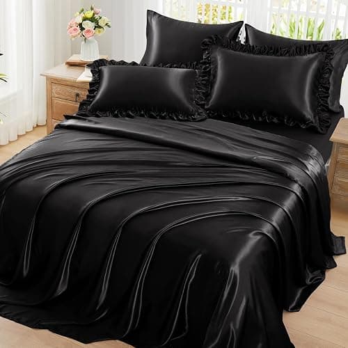 Homiest Ruffled Satin Sheets Full Size 6pc Set - Black Bed Sheet Set with 15 Inch Deep Pocket Fitted Sheet, 1 Flat Sheet, 2 Ruffled Pillow Shams & 2 Pillowcases, Similar to Silk Sheets - Image 1