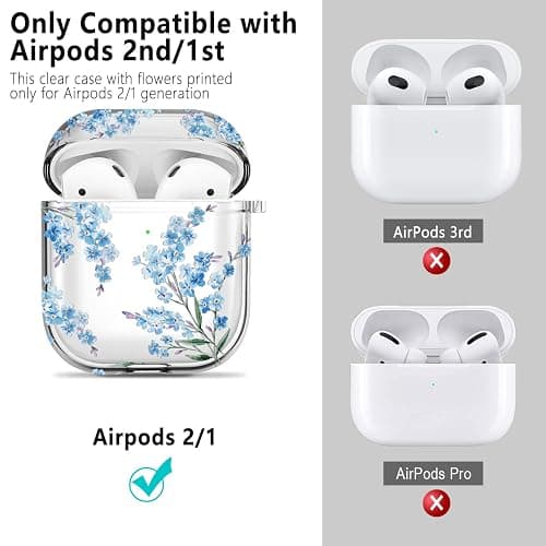 Wonjury Protective Clear Floral Case Cover with Cleaner Kit Portable Shockproof Women Girls with Keychain for Apple Airpods 2/1 Charging Case - Clear/Blue Flower thumbnail 2