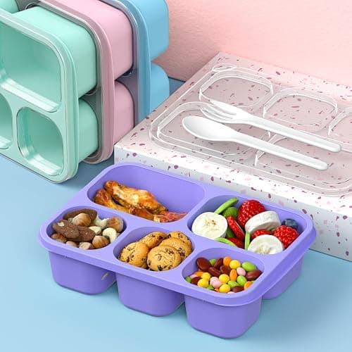 Bento Box Adult Lunch Box - 4 Pack, 5 - Compartment Meal Prep Container for Kids, Reusable Food Storage Snack Containers - Stackable for School, Work, and Travel (PP(Blue/Pink/Green/Purple)) thumbnail 2