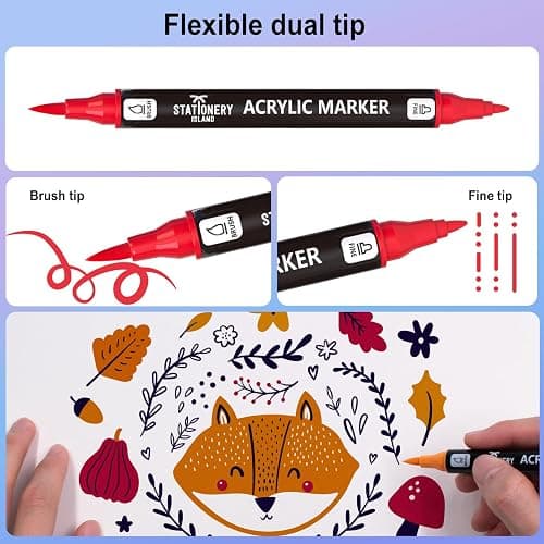 STATIONERY ISLAND Permanent Acrylic Paint Pens 24 Colours – Dual Tip Markers for Rock, Pumpkin, Stone, Glass, Ceramic, Wood & Fabric – Fine & Brush Tip Water Based Paint Pens for Halloween Crafts thumbnail 6