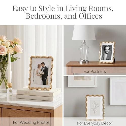 puthiac 4x6 Wavy Picture Frame, Zinc Alloy Gold Frame, Tempered Glass | Decorative wave profile with included 3x5 mat, ideal for wedding photos, anniversaries, portraits, and elegant home décor thumbnail 6