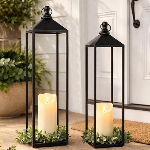 22'' 19'' Large Lanterns Decorative Outdoor Indoor, Set of 2 Black Metal Candle Lanterns Modern Farmhouse Floor Lanterns Decorative for Home Decor, Mantle, Fireplace, Patio, Porch, Garden - Image 1