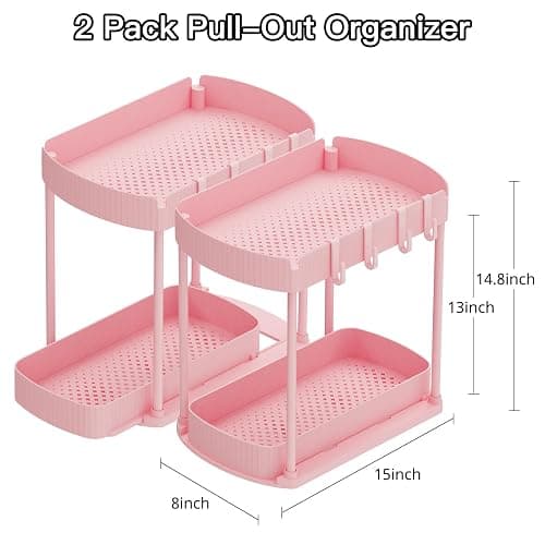 Ukeetap 2 Pack Multi-Purpose Pull-Out Storage Organizers, Under Sink Organizers and Storage for Bathroom & Kitchen, Under Cabinet Organizers and storage, 14.8 Inch, Pink thumbnail 2