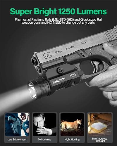 Gmconn 1250 Lumen Tactical Flashlight Pistol Light Rail Mounted LED Gun Light Strobe Weaponlight for Glock Pistol and Picatinny MIL-STD-1913 thumbnail 2
