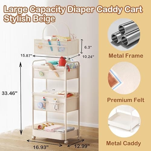 Baby Diaper Caddy, Premium Metal& Felt Movable Cart with Dividers for Newborn Nursery Essentials, Large Capacity Detachable Bedside Cart Organizer for Changing Table &Crib, Easy Assembly- Beige thumbnail 2