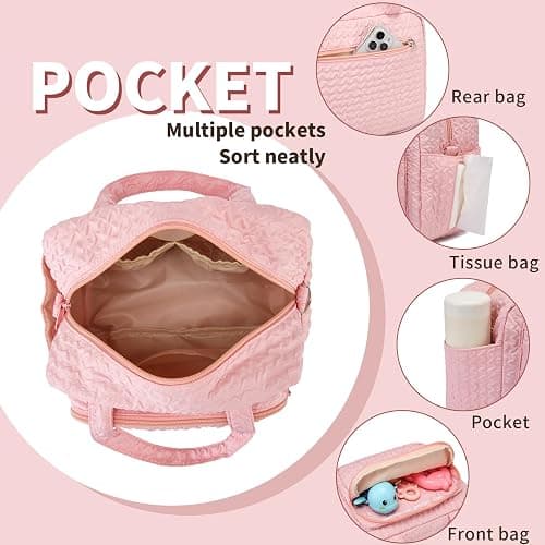 Small Diaper Bag Tote, Crossbody Diaper Bag Mini Purse with 8 Pockets, Travel Baby Bag for boys & Girls, 2 Insulated Pockets, Pink thumbnail 3