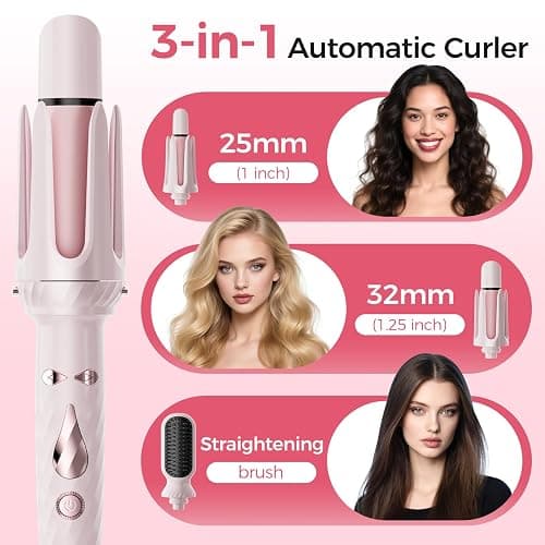 Wollea Automatic Curling Iron, Beach Wave Curling Wand, Portable Rotating Curler, Dual Voltage, Lightweight and Portable, Ceramic Coated, Straightening Brush, 1inch and 1.25 inch 3-in-1, Pink thumbnail 2