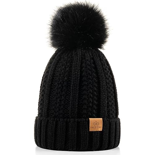 PAGE ONE Womens Winter Thick Cable Knit Beanie Faux Fur Pom Hat Fleece Lined Skull Cap - Image 1
