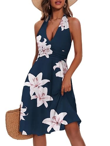 HUHOT Women's Summer Sundress Sleeveless Halter Neck Spring 2026 Floral with Pocket Elastic Waist Ruffle Mini Dresses - Image 1