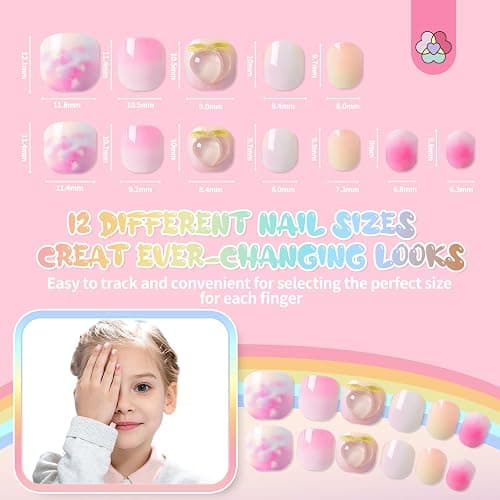 SAVILAND 3D Press on Nails for Kids: 7 Pack Kids Press on Nails for 5-9 Years Pre Glue Full Cover Short Kid Fake Nails Stick On Children Artificial False Nail Tips Fingernails Christmas Gifts for Kid thumbnail 6