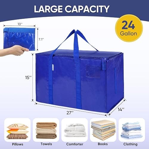 TICONN 6 Pack Extra Large Moving Bags Heavy Duty with Zippers & Carrying Handles, Durable Storage Bags Moving Boxes for Closet Organizers and Storage (6 Pack, Blue) thumbnail 3