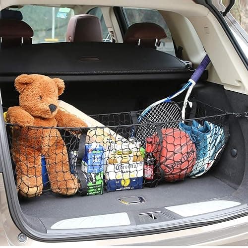 Cargo Net for Car, Expandable 3 Pocket Heavy-Duty Cargo Net Organizer, Black Mesh Storage Pocket with 4 Metal Carabiners Universal for Car, SUV, Pickup Truck, Van Trunk Bed thumbnail 6