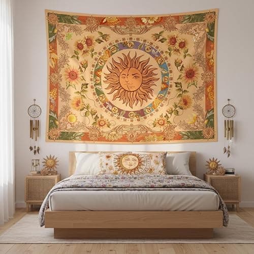 Accnicc Yellow Sun and Moon Tapestry Vintage Indie Boho Tapestry Wall Hanging with Sunflowers Butterfly Moth Constellation Aesthetic Wall Tapestries for Bedroom Dorm Living Room (Orange, 48'' × 36'') thumbnail 4