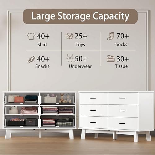 Xixini Dresser for Bedroom, 6 Drawer Wide Modern Chest of Drawers with X-Shaped Sturdy Base, Wood Double Dresser Closet Clothes Storage Organizer, Wooden TV Stand for Living Room, Hallway, White thumbnail 3
