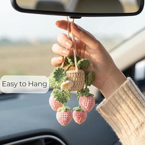 Crochet Hanging Plant for Car, Cute Plant Strawberry Car Accessories for Women, Handmade Boho Charms for Rear View Mirror thumbnail 3