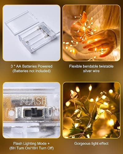 Fairy Lights Battery Operated, 60 LED Fairy String Lights Waterproof Silver Wire 5 Feet Firecracker Starry Light for DIY Wreath Home Wedding Party Bedroom Mason Jar Holiday Christmas Decorations thumbnail 7