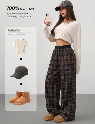 Wyeysyt Women Plaid Pants Gingham Pajama Pants Baggy Sweatpants | Wide Leg Pants, Elastic Drawstring Sweatpants, Fall Winter Casual Pants thumbnail 6