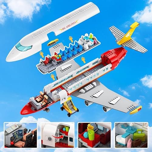 HOGOKIDS 2 Style City Airplane Building Set with LED Light - Large Plane Building Blocks Switch Passenger & Cargo Projectile Toy with 3 Cars, Planes Model Toys Gifts for Adults Boys Girls Age 6-12+ thumbnail 6
