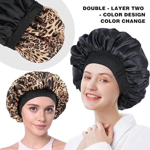 Silk Bonnet for Sleeping Double Layer Satin Bonnet Adjustable Bonnets for Black Women Sleep Cap Reversible Hair Bonnet for Curly Hair (Black and Leopard) thumbnail 5