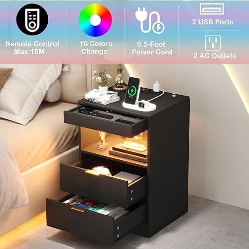 Yusong LED Nightstand Bedside Table with Charging Station 2 Drawers, Black Modern Sofa Couch End Side Table with Lights, Invisible Lock and Pull-Out Shelf for Bedroom Living Room thumbnail 4