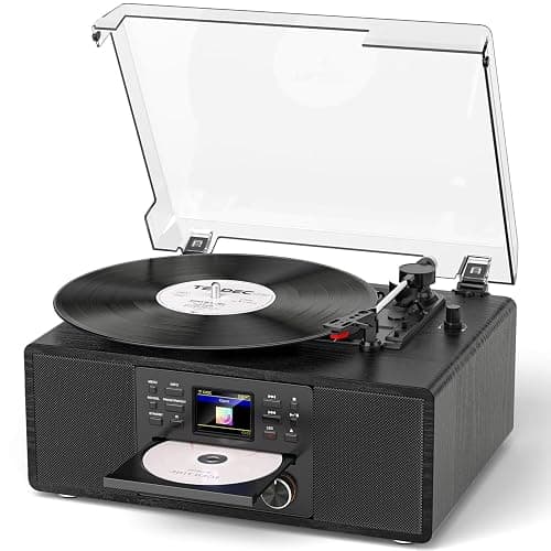 Bluetooth Vinyl Record Player with CD & Internet Radio, 3-Speed Belt-Drive Turntable with USB Recording, AUX/RCA Output, Tone & Remote Control, Vintage Black Vinyl Player for Home Entertainment & Gift - Image 1