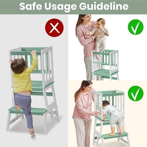 COSYLAND Kids Kitchen Step Stool, Toddler Standing Tower with CPC Certification, Removable Anti-Drop Railing Safety Rail, Anti-tip Stable Toddler Standing Tower - Green & White thumbnail 8