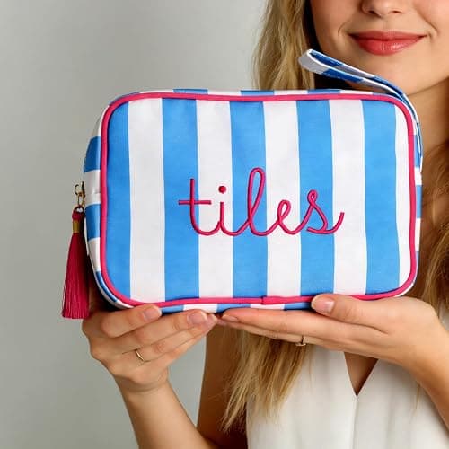 Mahjong Tile Bag with Handle - Stylish Blue & White Striped Case for 166 American Tiles (1.2"), Embroidered Design with Plush Interior & Tassel Zipper, Travel Organizer (Bag Only, Tiles Not Included) thumbnail 2