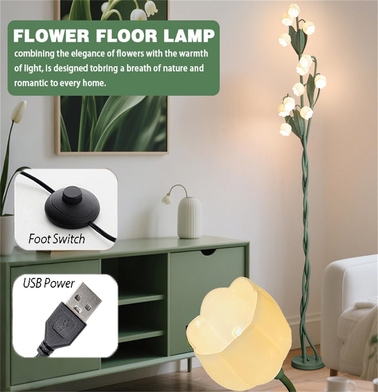 Vintage 12 Head Flower Floor Lamp for Living Room LED Modern Corner Standing Lamp with Goosenecks Bright Tall Cute Dimmable Lamp for Kids Reading Girls' Bedroom Office Home Decor thumbnail 2