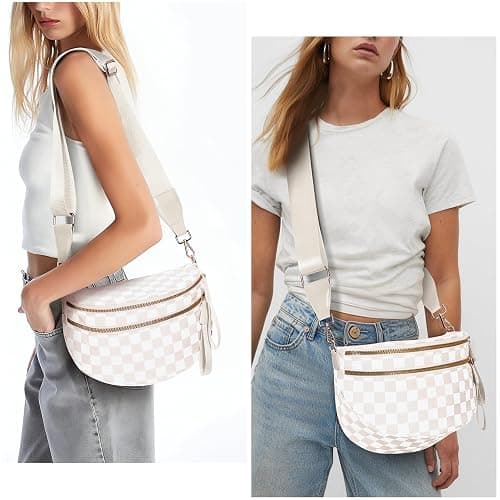 HICARRY Checkered Crossbody Purse for Women Nylon Checkerboard Bum Bags Checkered Cross Body Bags (Beige) thumbnail 2