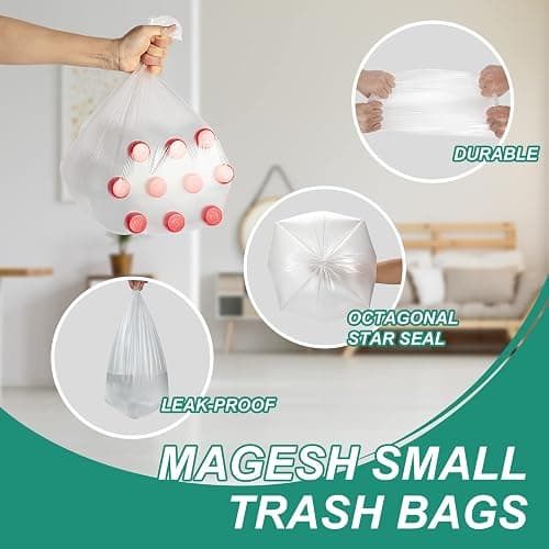 Magesh 4 Gallon Trash Bag Strong, Leakage-Free, Small Garbage Bags Unscented Thick for Bathroom, Office, Kitchen Small Trash Can, 15L, 105 Bags, Clear thumbnail 2