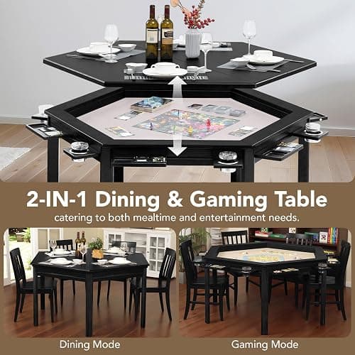 janiry Board Game Table with Removable Table Top Seats 4 to 6 Players Hexagonal Solid Wood Dining and Gaming Table Includes Play Mat, Detachable Cup Holders & Trays (Black) thumbnail 2