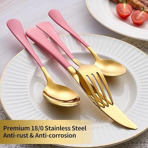 Moxinox 20-Piece Gold Silverware Set, 18/0 Stainless Steel Pink Handle Flatware Set, Service for 4, Modern Cutlery Set Includes Dinner Knives Forks Spoons, Mirror Polished, Dishwasher Safe thumbnail 4