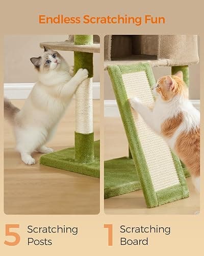 Feandrea Cat Tree, 45.3-Inch Cat Tower, Plush Condo with Scratching Post, Ramp, Perch, Spacious Cave, for Small Space, Grass Green and Camel Brown UPCT141CB03 thumbnail 6