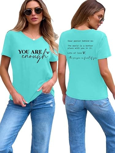 You are Enough Tshirt Women Dear Person Behind Me Letter Graphic Shirts Mental Health V Neck Short Sleeve Tops thumbnail 2
